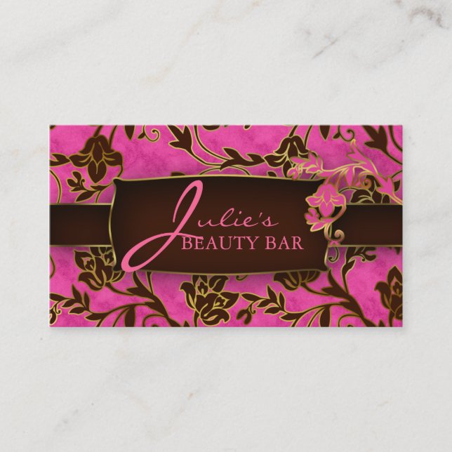 Floral Beauty Business Card Gold Trim Pink Brown H (Front)