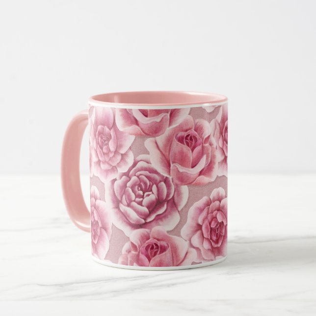 Floral Beauty - cup with pink rose flowers. (Front Left)