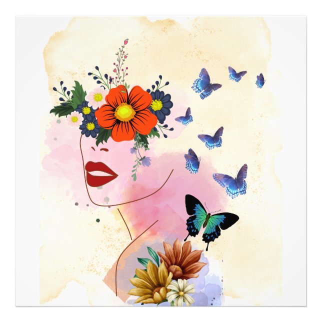 Floral Beauty with Butterflies Watercolor Art Photo Print (Front)