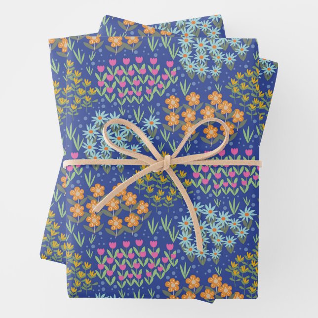 Floral Bed Blue Wrapping Paper Sheet (In situ)