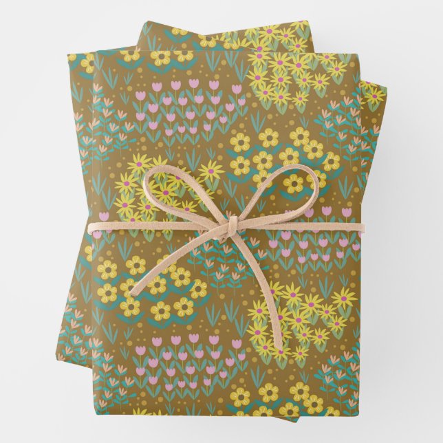 Floral Bed Mustard Wrapping Paper Sheet (In situ)