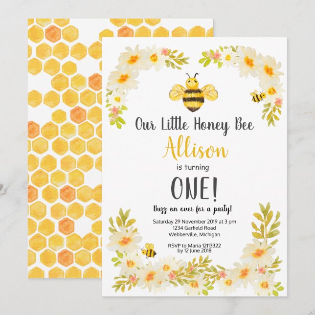 Floral Bee Birthday Invitation (Front/Back)