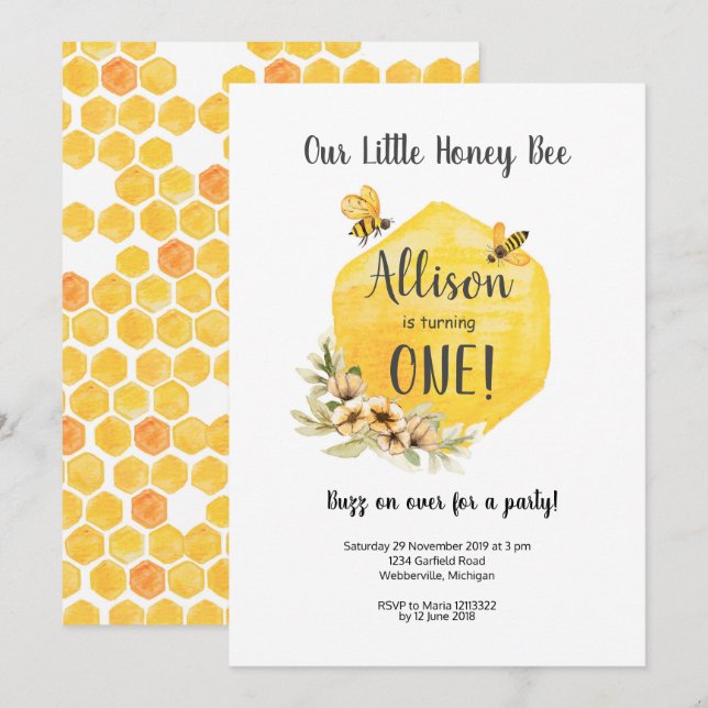 Floral Bee First Birthday Invitation (Front/Back)