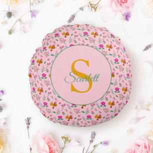 Floral Bee & Flowers pattern Monogram Name Round Cushion