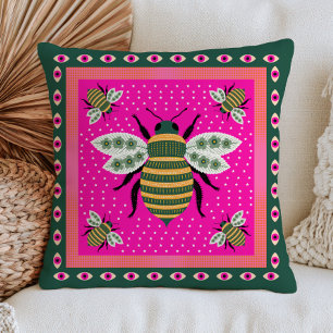 Floral Bee Illustrations Eclectic Cottagecore Pink Cushion