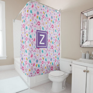 Floral Bee Pattern Purple Monogram Kids Shower Curtain
