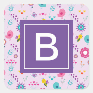 Floral Bee Pattern Purple Monogram Kids Square Sticker