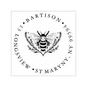 Floral Bee ROUND RETURN ADDRESS  RUBBER STAMP
