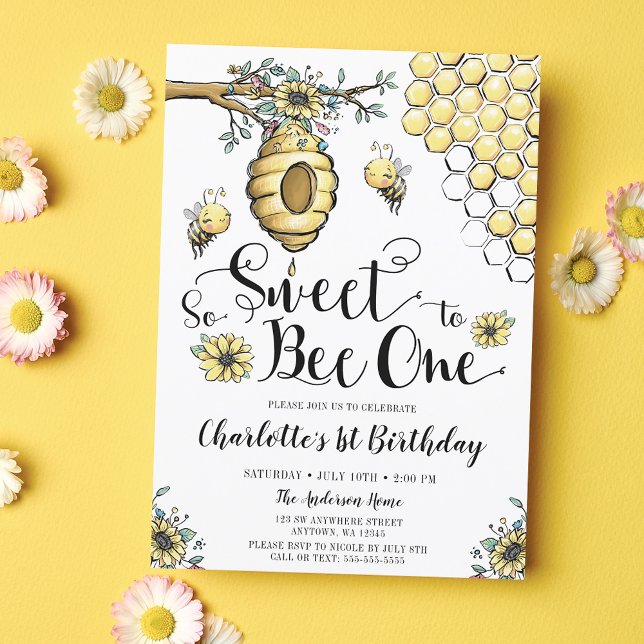 Floral Beehive Honey So Sweet Bee 1st Birthday Invitation (Creator Uploaded)