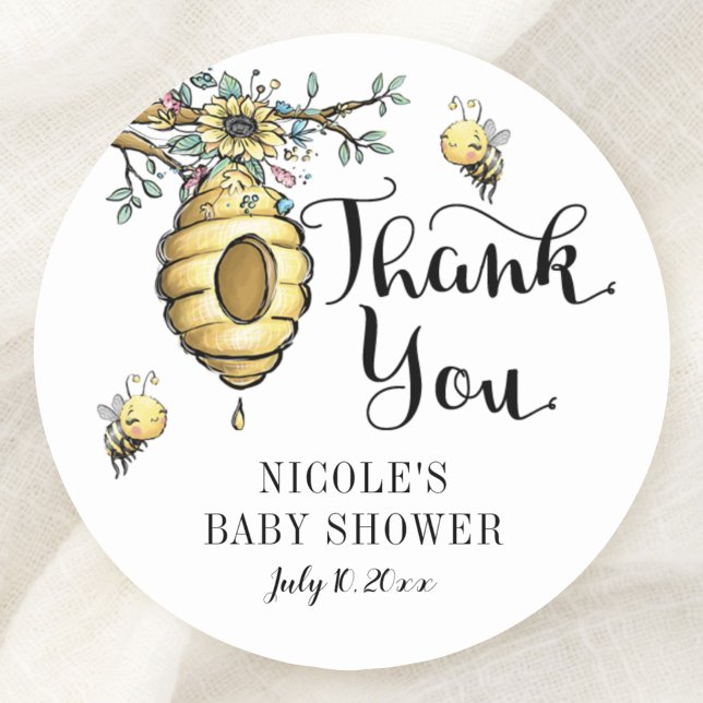 Floral Beehive Honey Sweet Bee Girl Baby Shower Classic Round Sticker (Creator Uploaded)