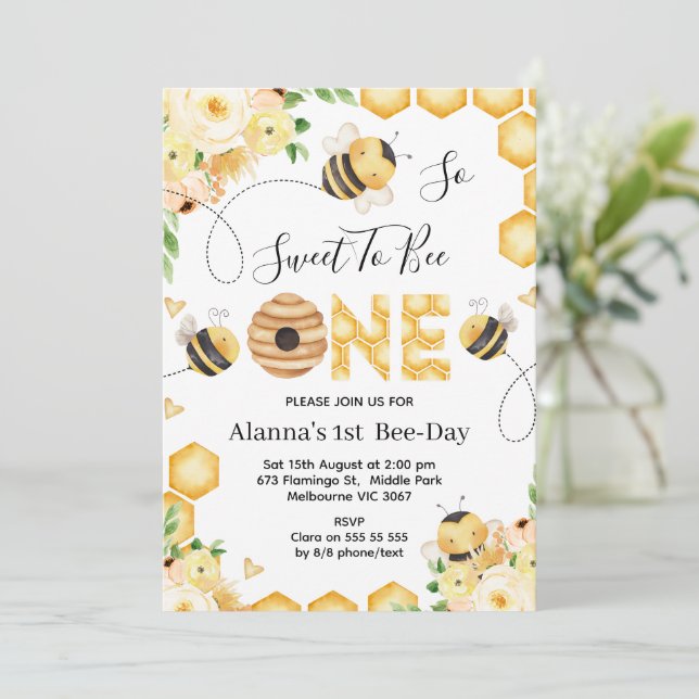 Floral Beehive So Sweet To Bee One 1st Birthday Invitation (Standing Front)