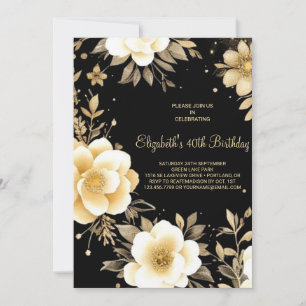 Floral Beige and Black Boho 40th Birthday Invitation