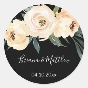 Floral Beige Black Watercolor Wedding Favours Classic Round Sticker