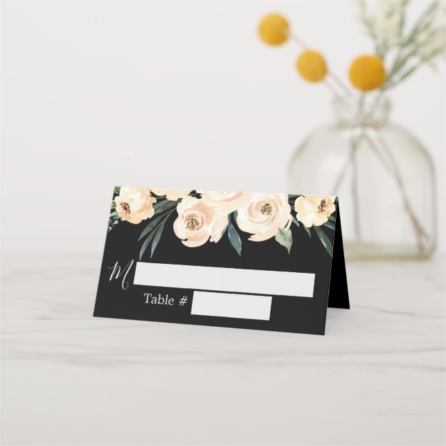 Floral Beige Black Wedding Place Card (Front)