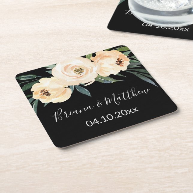 Floral Beige Black Wedding Square Paper Coaster (Angled)