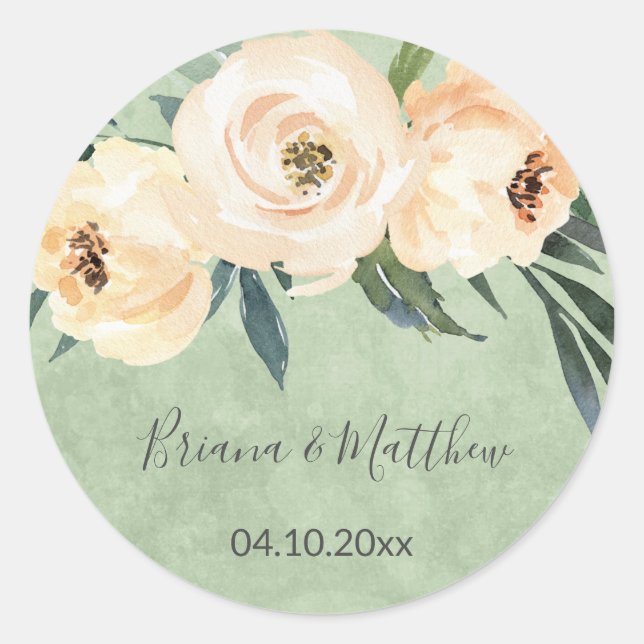 Floral Beige Blush and Green Wedding Classic Round Sticker (Front)
