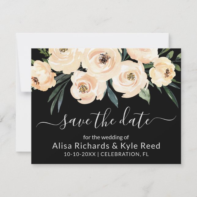 Floral Beige Blush Gold on Black Save the Date Announcement (Front)