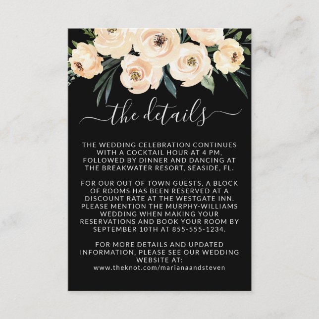 Floral Beige Blush Gold on Black Wedding Details Enclosure Card (Front)