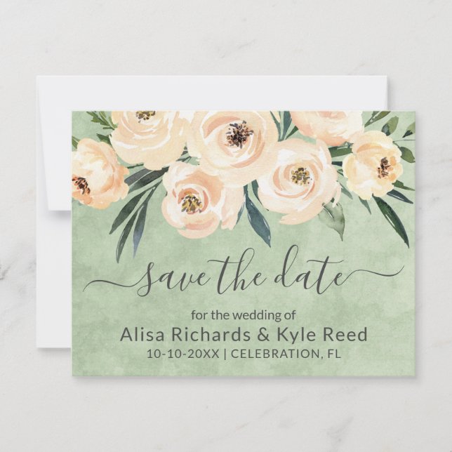 Floral Beige Blush Gold on Green Save the Date Announcement (Front)