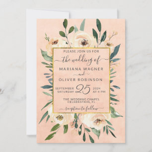 Floral Beige Blush Gold on Pink Wedding Invitation