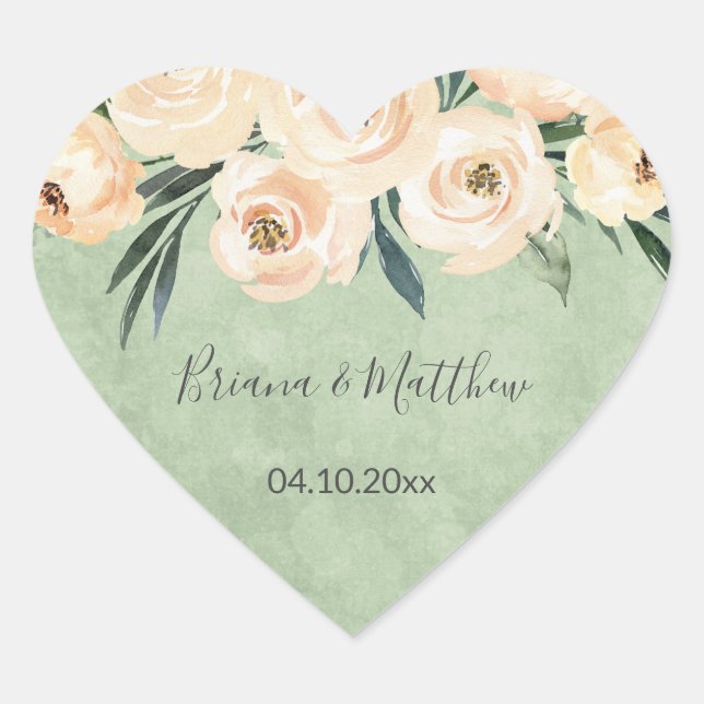Floral Beige Blush on Green Wedding Favours Heart Sticker (Front)