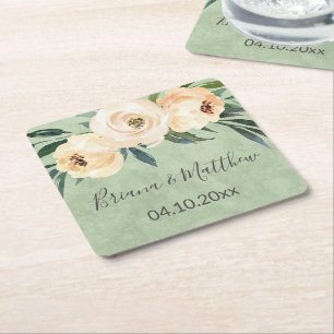 Floral Beige Blush on Green Wedding Square Paper Coaster
