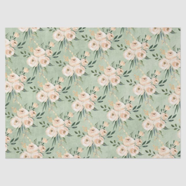 Floral Beige Blush on Green Wedding Tissue Paper (Front)