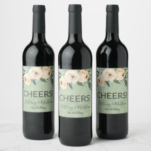 Floral Beige Blush on Green Wedding Wine Label