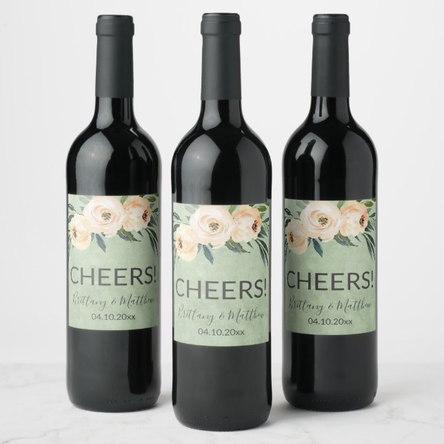 Floral Beige Blush on Green Wedding Wine Label (Bottles)