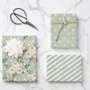 Floral Beige Blush on Green Wedding Wrapping Paper Sheet