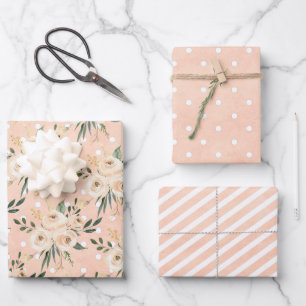 Floral Beige Blush on Pink Wedding Wrapping Paper Sheet