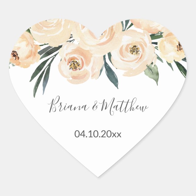 Floral Beige Blush on White Wedding Favours Heart Sticker (Front)