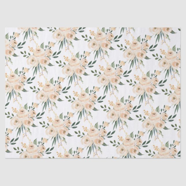 Floral Beige Blush on White Wedding  Tissue Paper (Front)