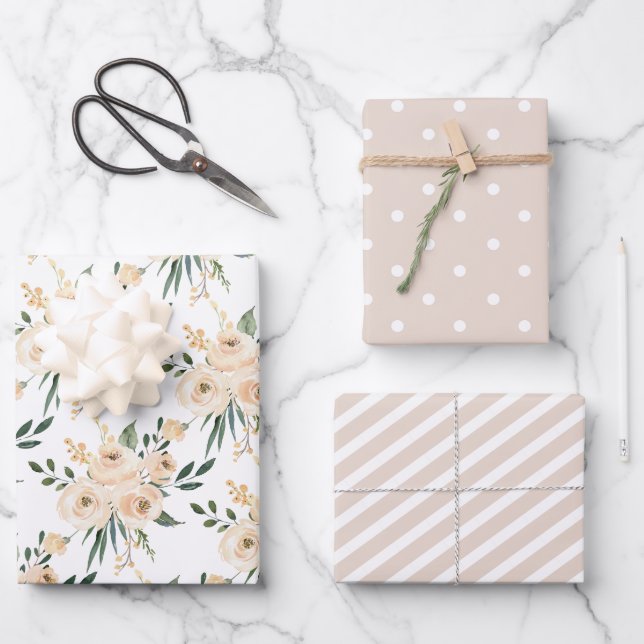 Floral Beige Blush on White Wedding Wrapping Paper Sheet (Front)