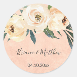 Floral Beige Blush Peach Wedding Favours Classic  Classic Round Sticker