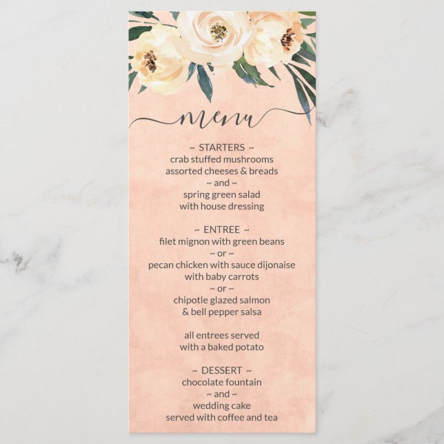Floral Beige Blush Peach Wedding Menu (Front)
