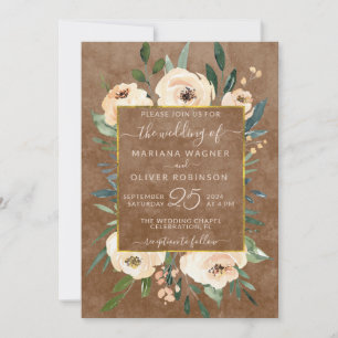 Floral Beige Blush Roses Gold Brown Wedding Invitation