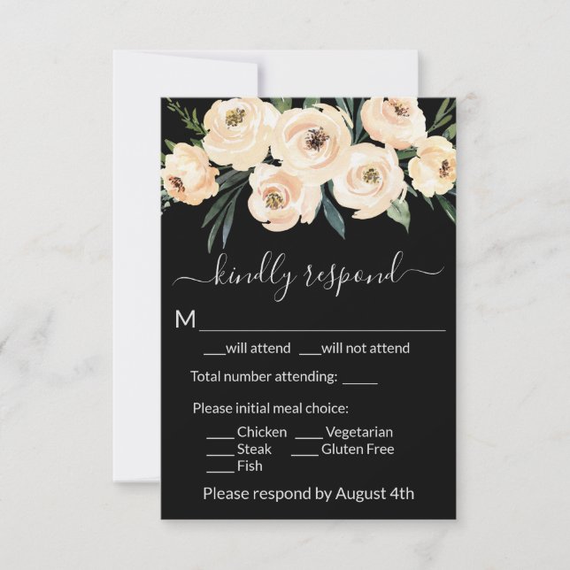 Floral Beige Blush Roses Gold on Black RSVP Card (Front)