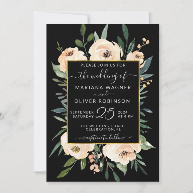 Floral Beige Blush Roses Gold on Black Wedding Invitation (Front)