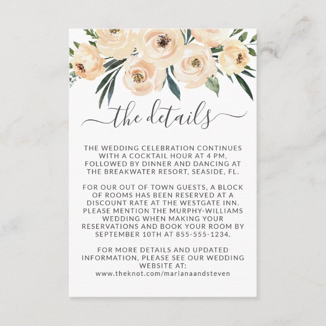 Floral Beige Blush Roses Gold on White Enclosure Card (Front)