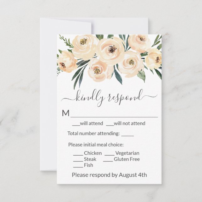 Floral Beige Blush Roses Gold on White RSVP Card (Front)
