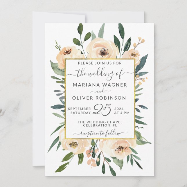 Floral Beige Blush Roses Gold on White Wedding Invitation (Front)