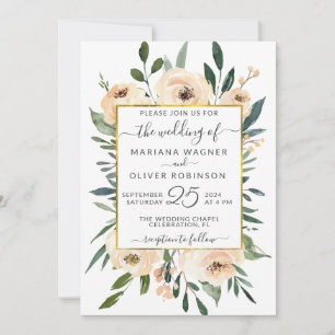 Floral Beige Blush Roses Gold on White Wedding Invitation