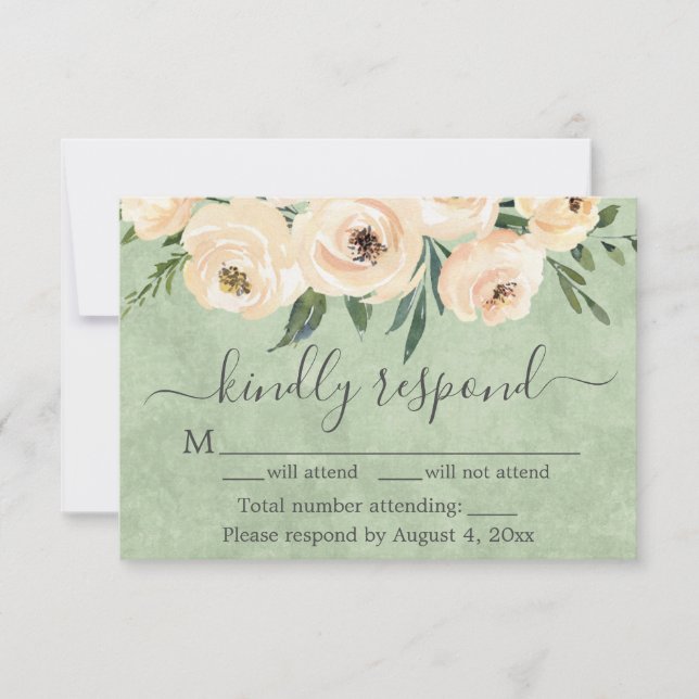 Floral Beige Blush Roses Gold Sage Green RSVP Thank You Card (Front)