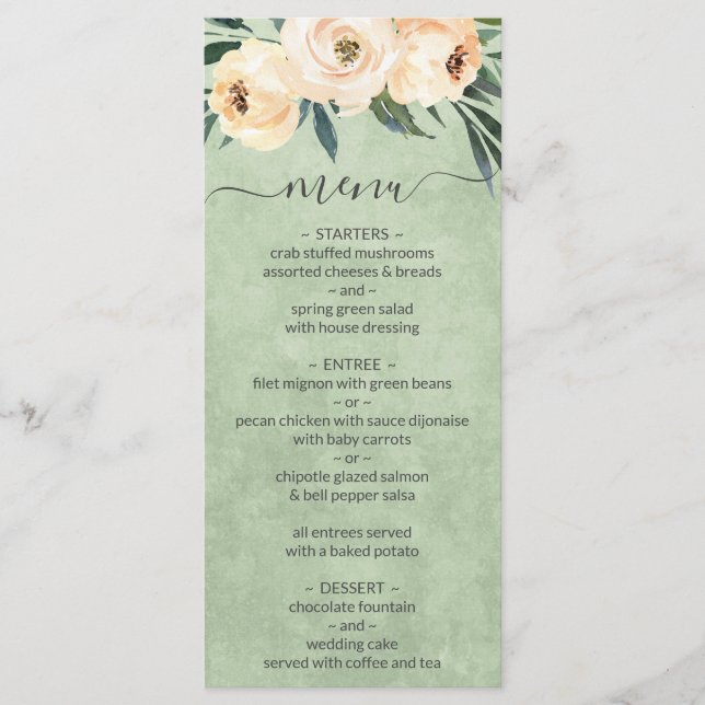 Floral Beige Blush Sage Green Wedding Menu (Front)