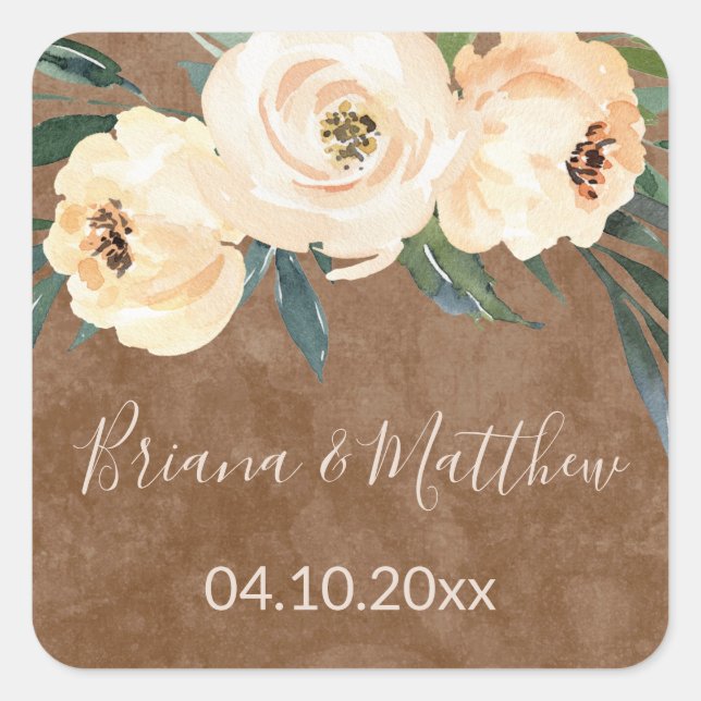 Floral Beige Blush  Wedding Favours Square Sticker (Front)