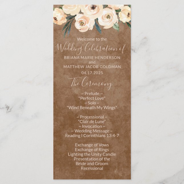 Floral Beige Brown Wedding Program Programme (Front)