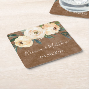Floral Beige Brown Wedding Square Paper Coaster