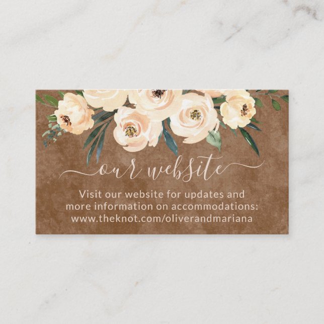 Floral Beige Brown Wedding Website Enclosure Card (Front)