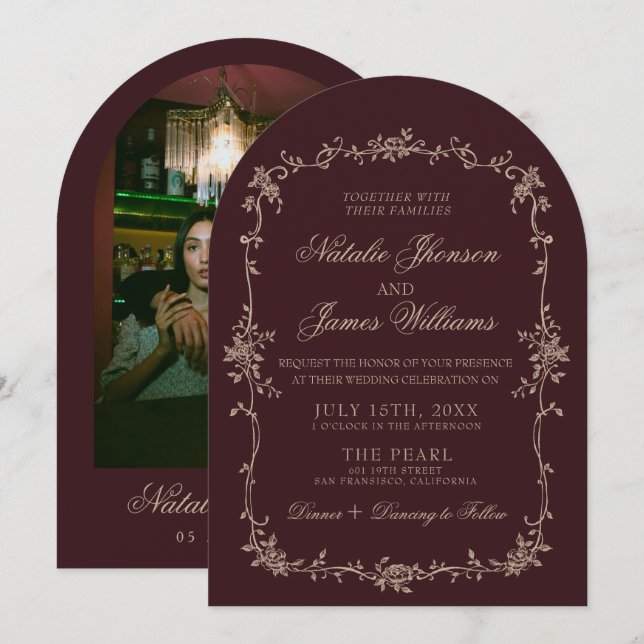 Floral Beige Burgundy Old Money Arched Wedding Invitation (Front/Back)